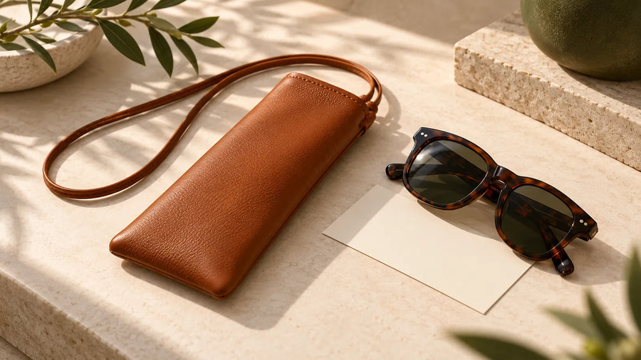 AI concept of a leather sling sleeve beside folded sunglasses for frame-fit planning