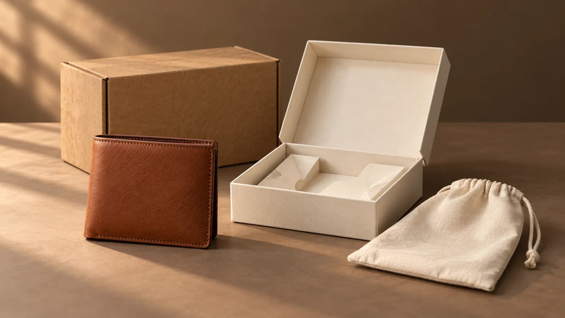 AI concept of a leather wallet, presentation box, dust pouch and shipping carton