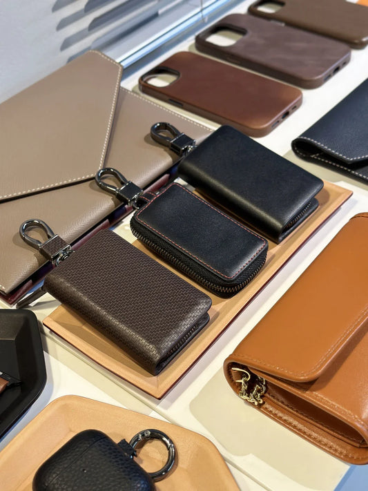 Leather goods samples displayed for private-label product development and custom order planning