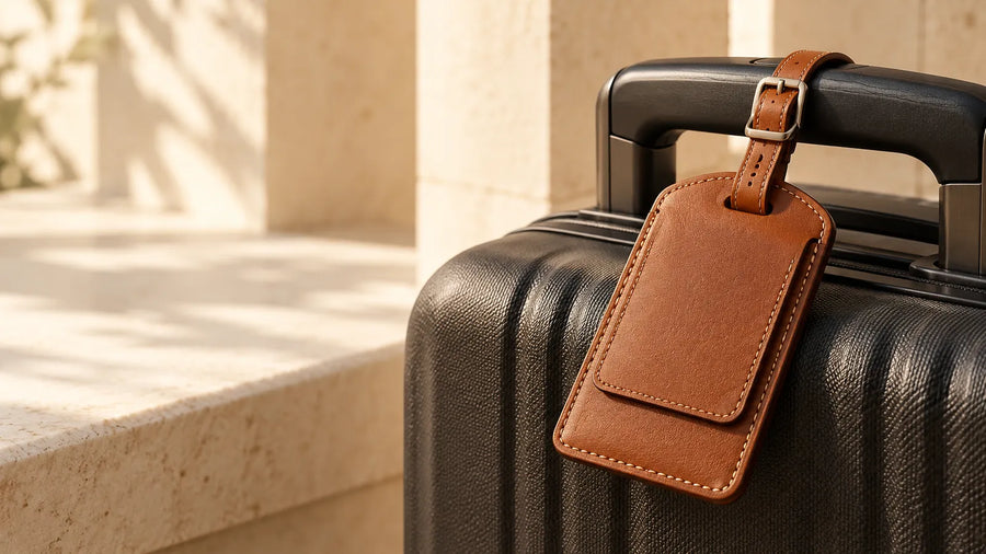 AI concept of a leather privacy-flap luggage tag attached to a suitcase handle