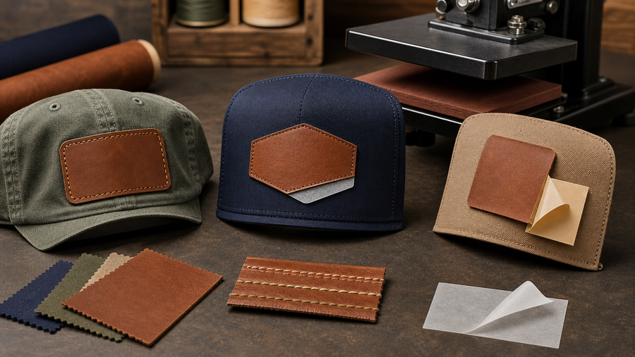 Three leather patch attachment routes for hats: sew-on, heat-activated, and pressure-sensitive positioning