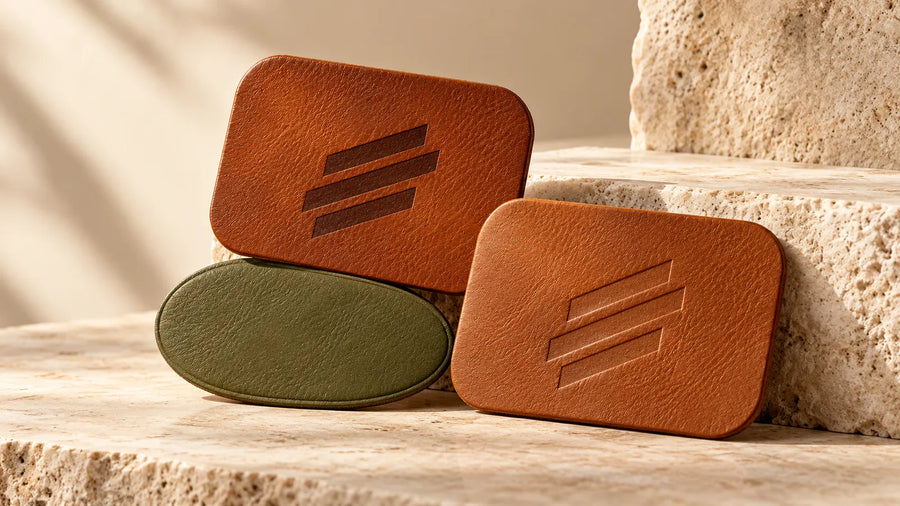 AI concept of leather patches with contrasting surface marks and recessed geometric impressions