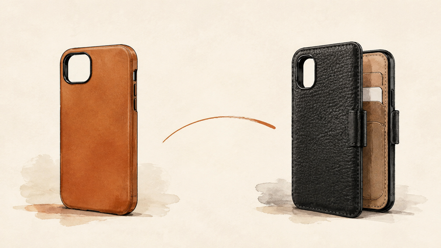 Illustrated comparison of leather back cover and folio wallet phone case formats