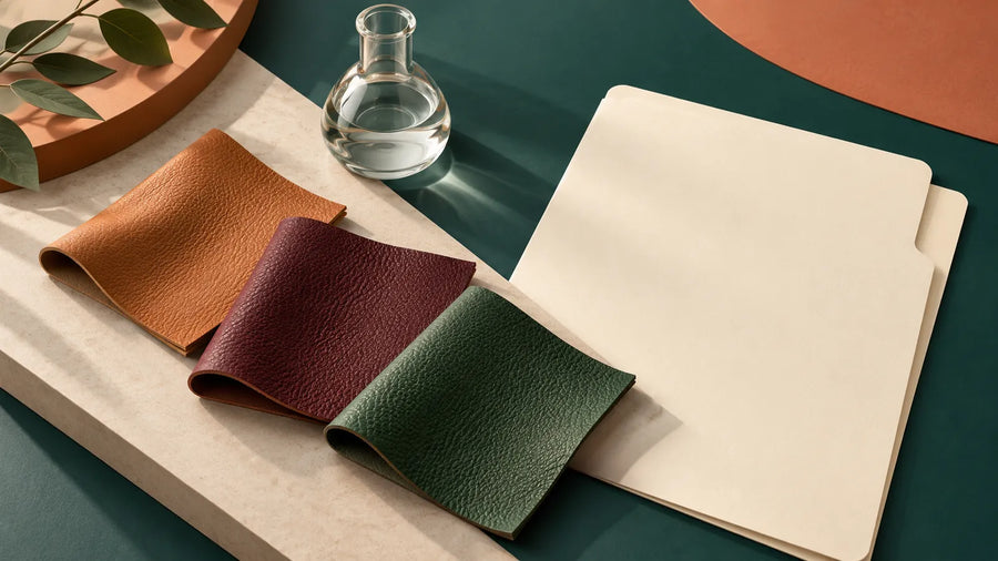 Concept illustration of leather swatches and blank documentation for a chemical evidence review