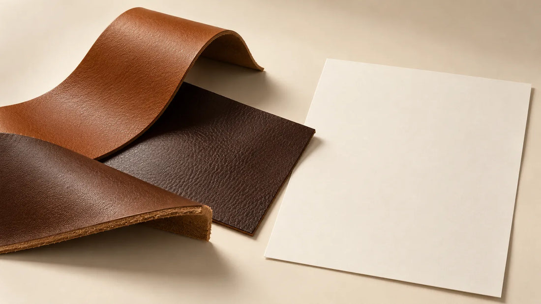 Conceptual leather swatches beside a blank document for a testing-evidence review