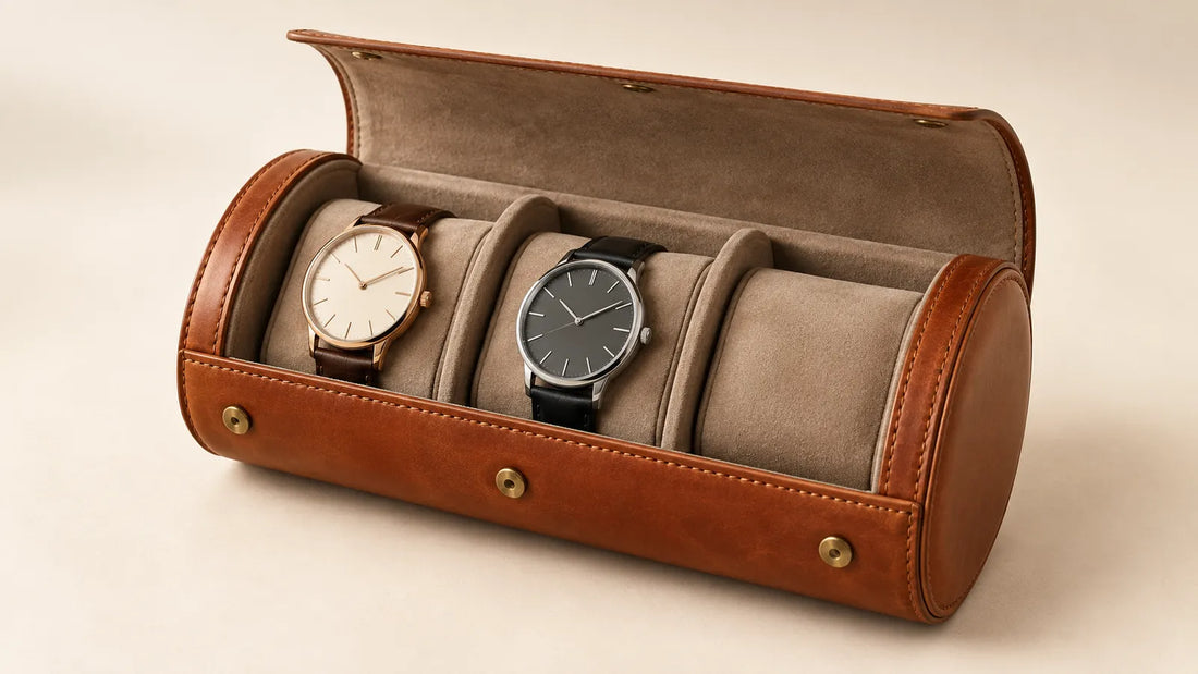 Illustrative leather watch roll with separated cushions and two unbranded watches