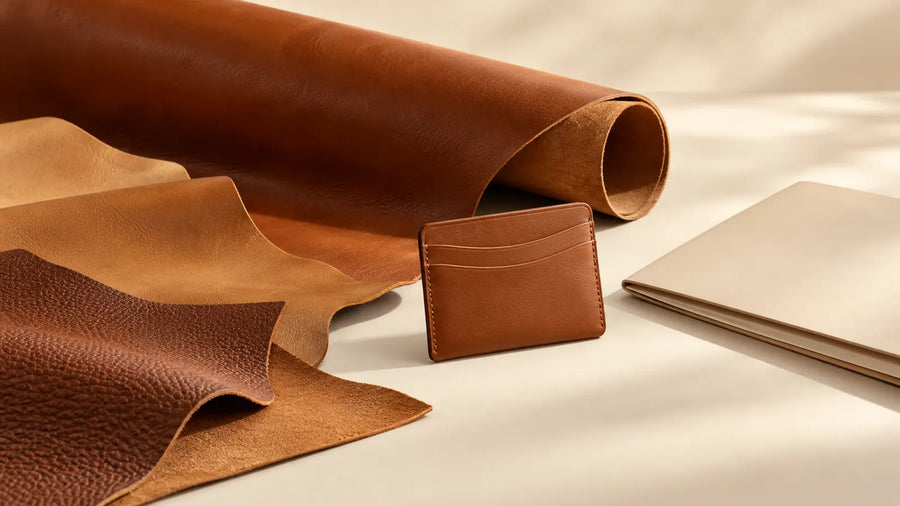 AI concept of leather swatches and a blank folder for a sourcing review