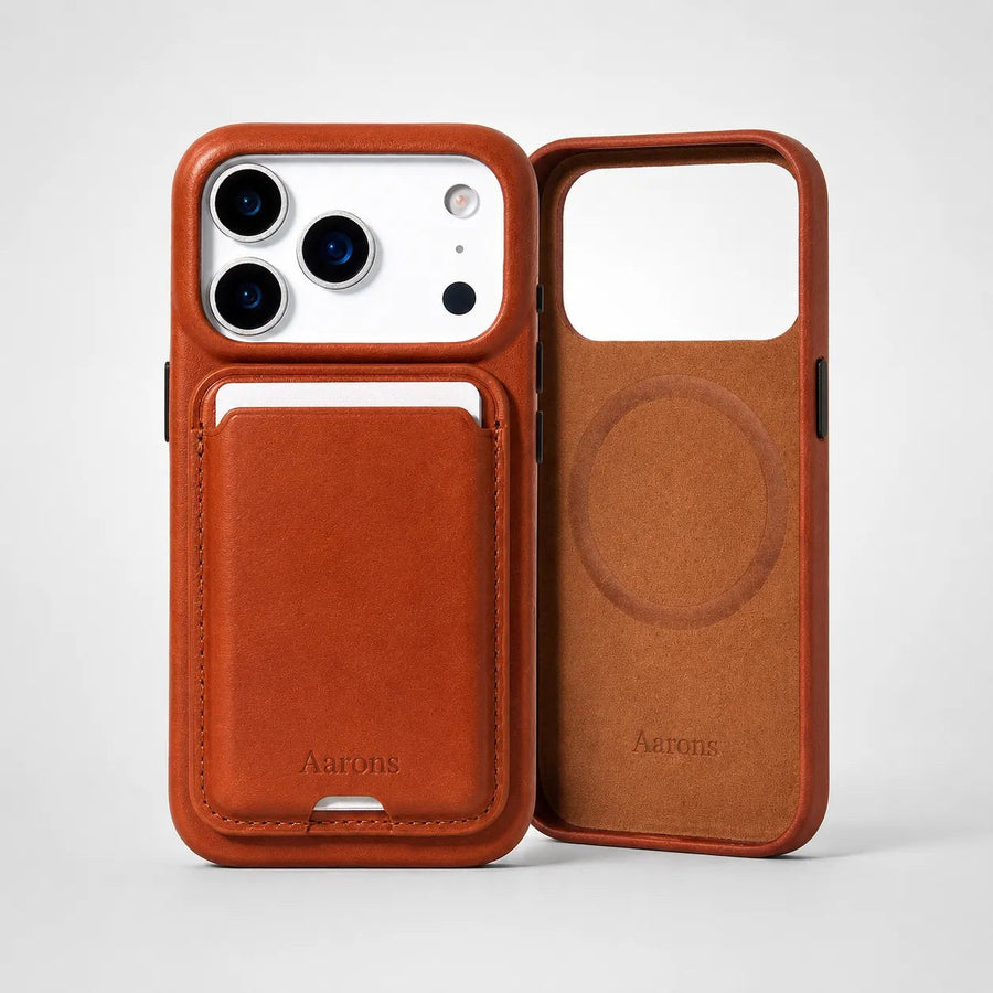 Custom leather phone case showing device-fit cutouts, leather construction, and MagSafe ring alignment