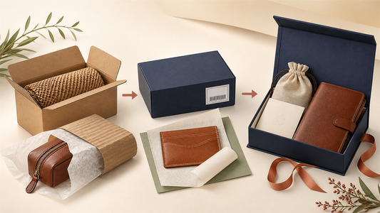 Protective, retail-ready, and gift-ready packaging stages for custom leather goods