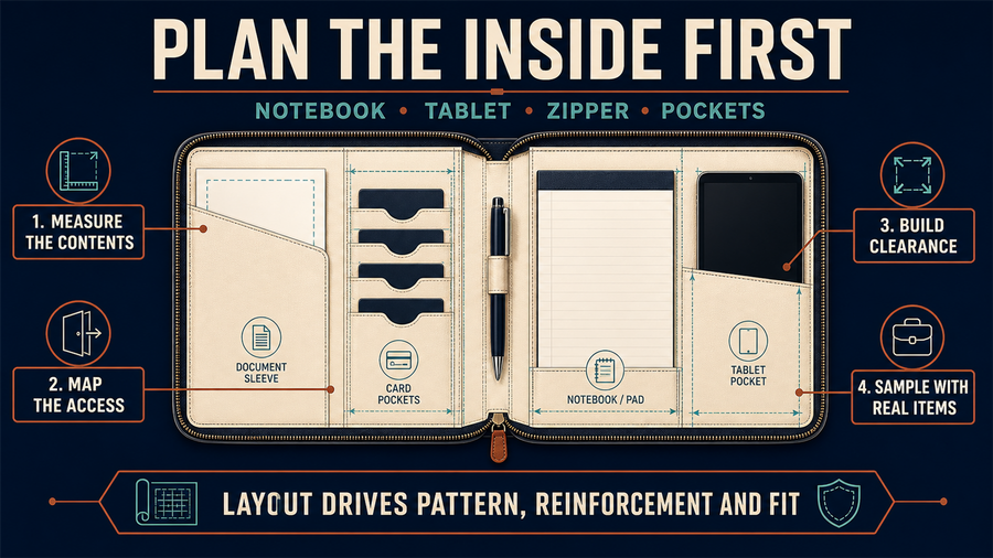 Custom leather portfolio interior layout planning for notebook tablet zipper and pockets