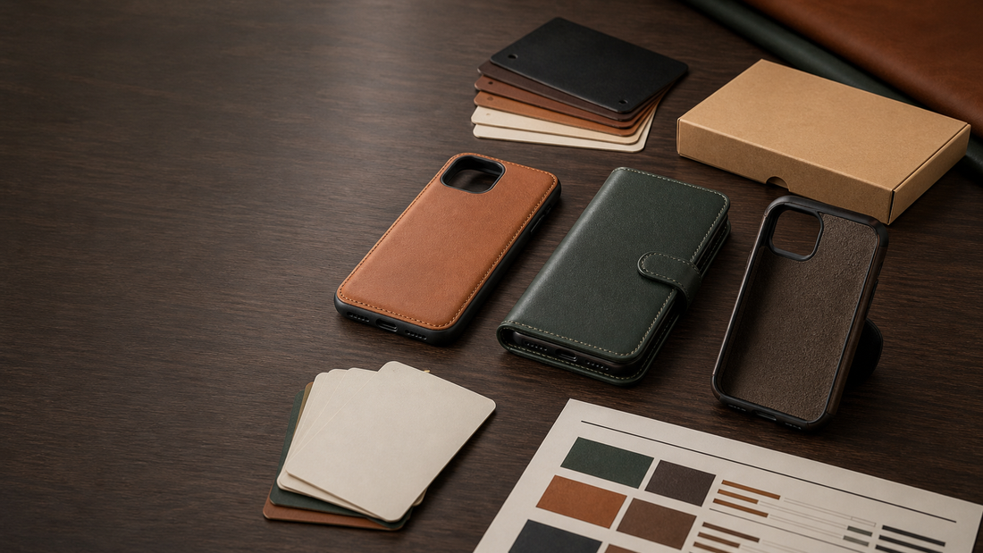 Private label leather iPhone case launch planning with samples, model cards and inventory decisions.
