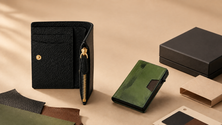 Private label leather wallet program with bifold, RFID wallet, material swatches and packaging