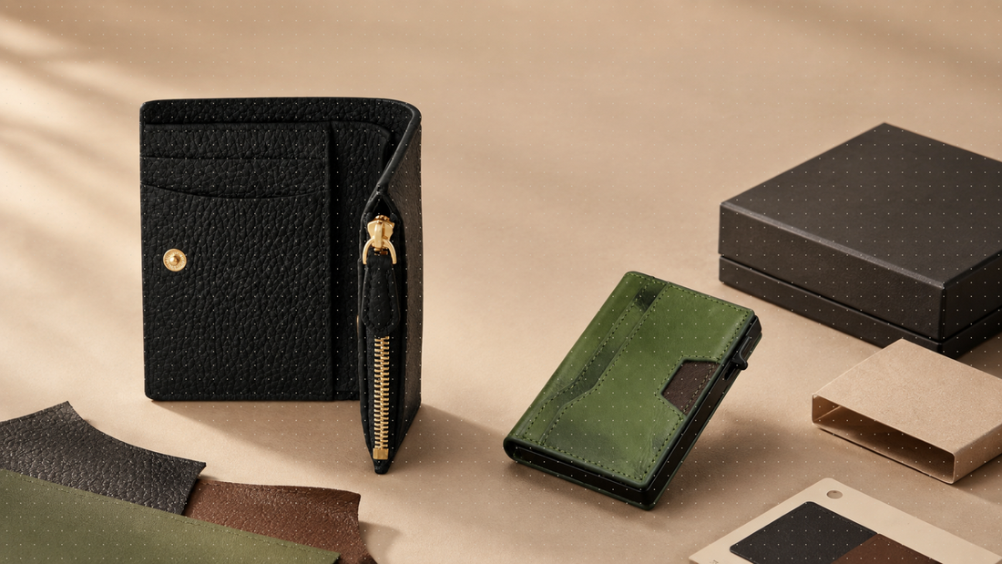 Private label leather wallet program with bifold, RFID wallet, material swatches and packaging