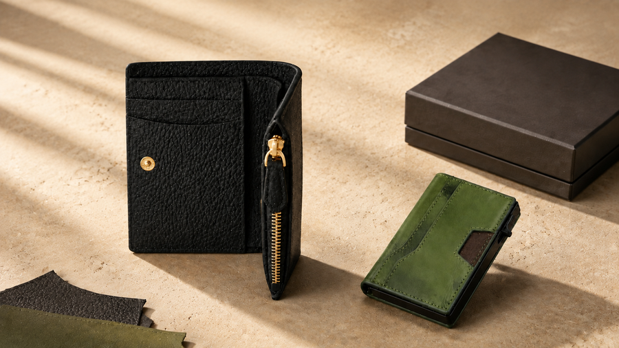 Private label leather wallet program with product formats, RFID planning and packaging