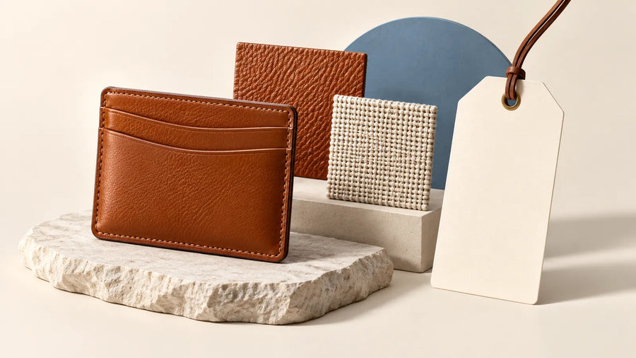 AI concept of a card case, material tiles and blank tag for composition wording review