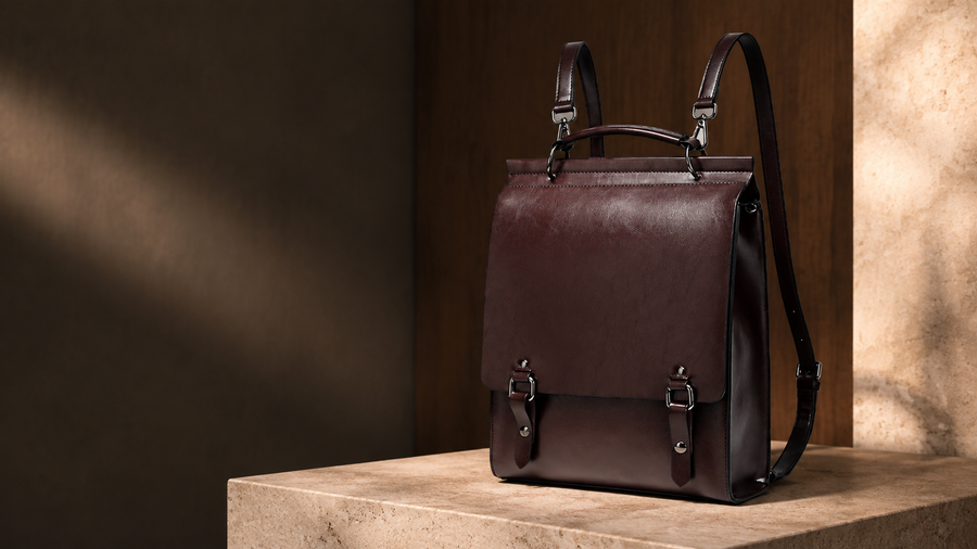 Dark brown leather business backpack for wholesale compartment and logo planning