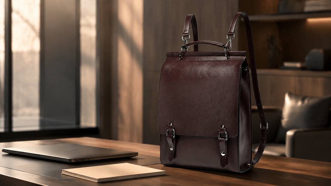 Wholesale leather business backpack OEM planning with a premium backpack, specification sheets and material samples.
