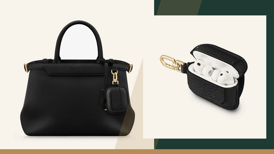Black leather earphone case shown as a bag accessory and as an open device-fit sample