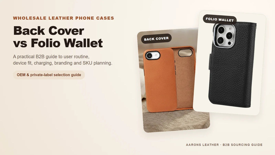 Back-cover and folio-wallet leather phone cases compared for a wholesale OEM program