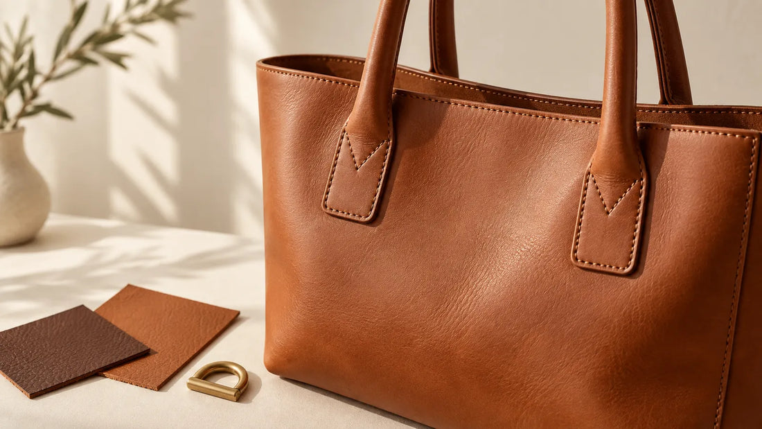 Conceptual leather tote handle and attachment detail with material swatches