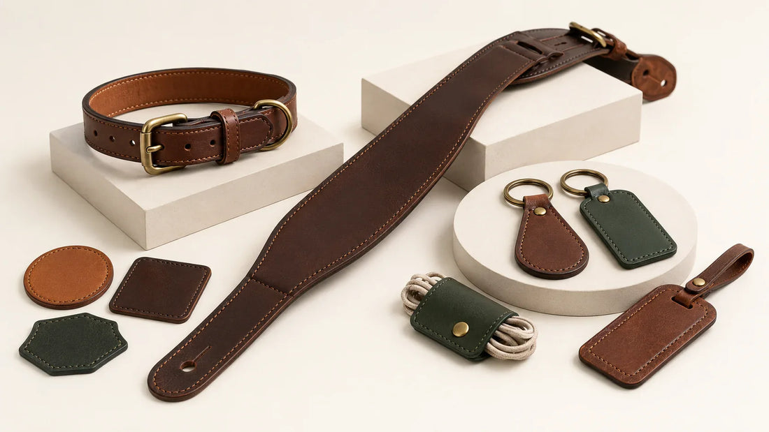 Guangzhou OEM factory custom luxury leather pet gear wholesale. Premium saddle brown bridle leather dog collar with silver metal hardware and high-gloss charcoal black Nappa leather pet pouch for boutique brand sourcing.
