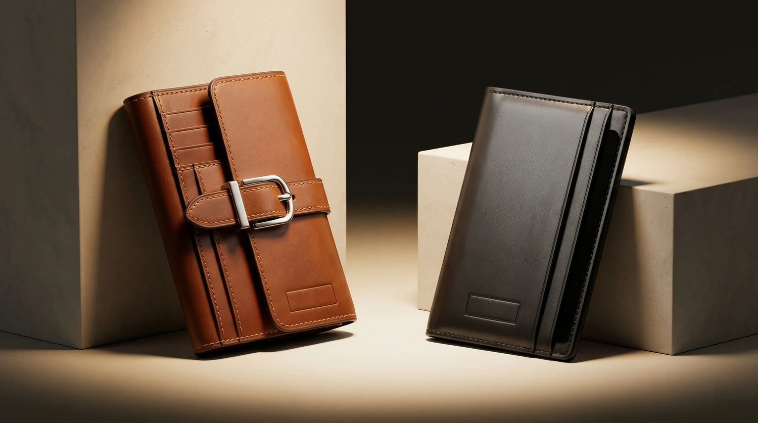 Guangzhou OEM factory bulk leather card holders and organizers wholesale. Premium saddle brown bridle leather trifold card case with silver hardware and high-gloss black Nappa leather vertical pouch for corporate gifts sourcing.