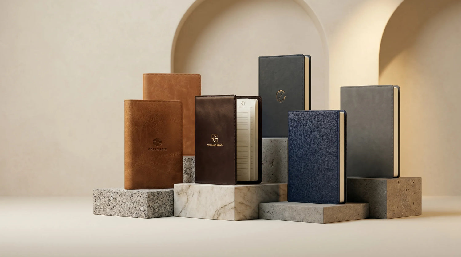 Guangzhou OEM factory bulk refillable leather journals and notebooks wholesale. Saddle brown bridle leather notebook cover with custom paper inserts and mineral gray Nappa leather business diary for premium corporate gifting.