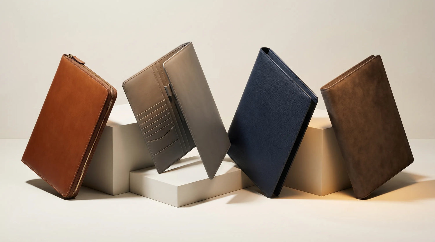 Guangzhou OEM factory bulk business portfolios and folders wholesale. Saddle brown bridle leather zippered case and mineral gray Nappa leather half-open conference folder with precise stitching slots for corporate gifting.