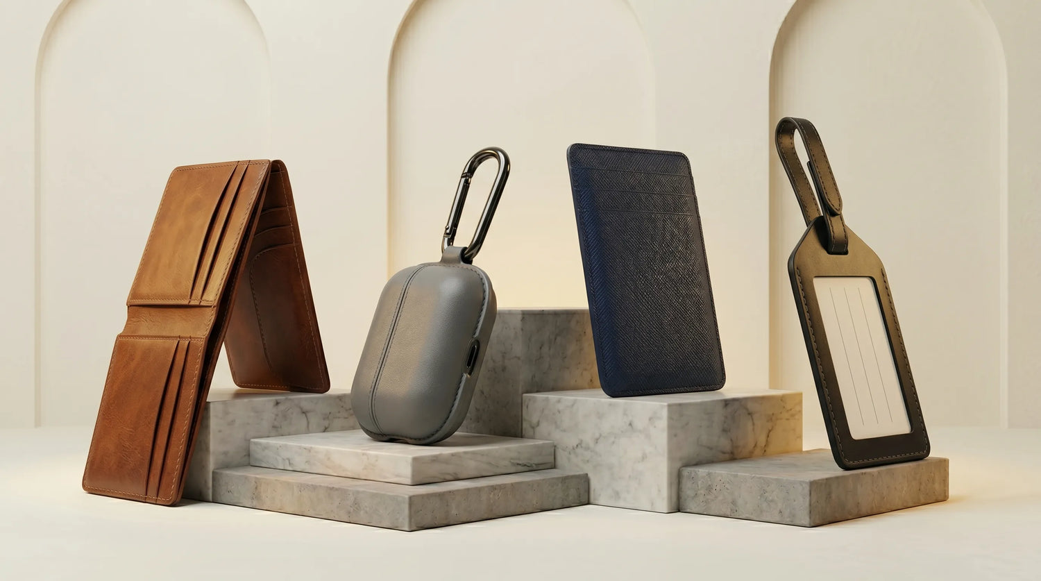 Guangzhou OEM factory wholesale leather purses and wallets bulk collection. Premium saddle brown bridle leather bifold wallet with refined hand-turned edges and midnight blue Nappa leather minimalist card case for brand sourcing.