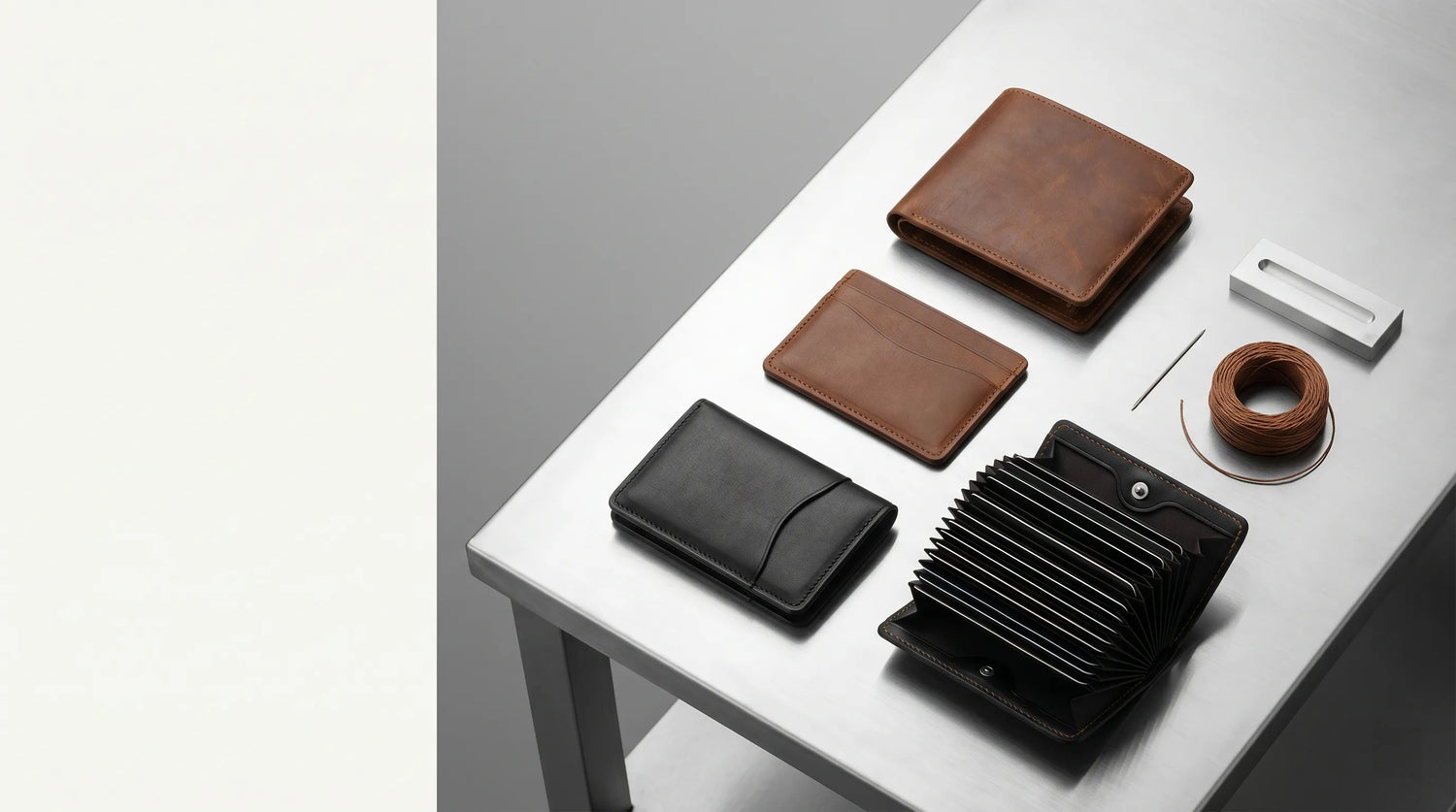 B2B factory portfolio of signature leather small leather goods (SLGs), including handcrafted wallets and card holders. Representing 15 years of OEM/ODM artisan mastery at Aaron's Case Guangzhou facility.