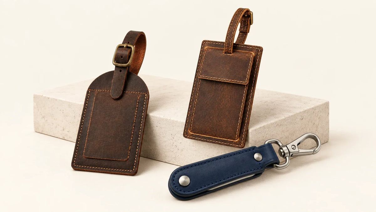 Leather luggage tags and folding bottle opener keyring for custom branding