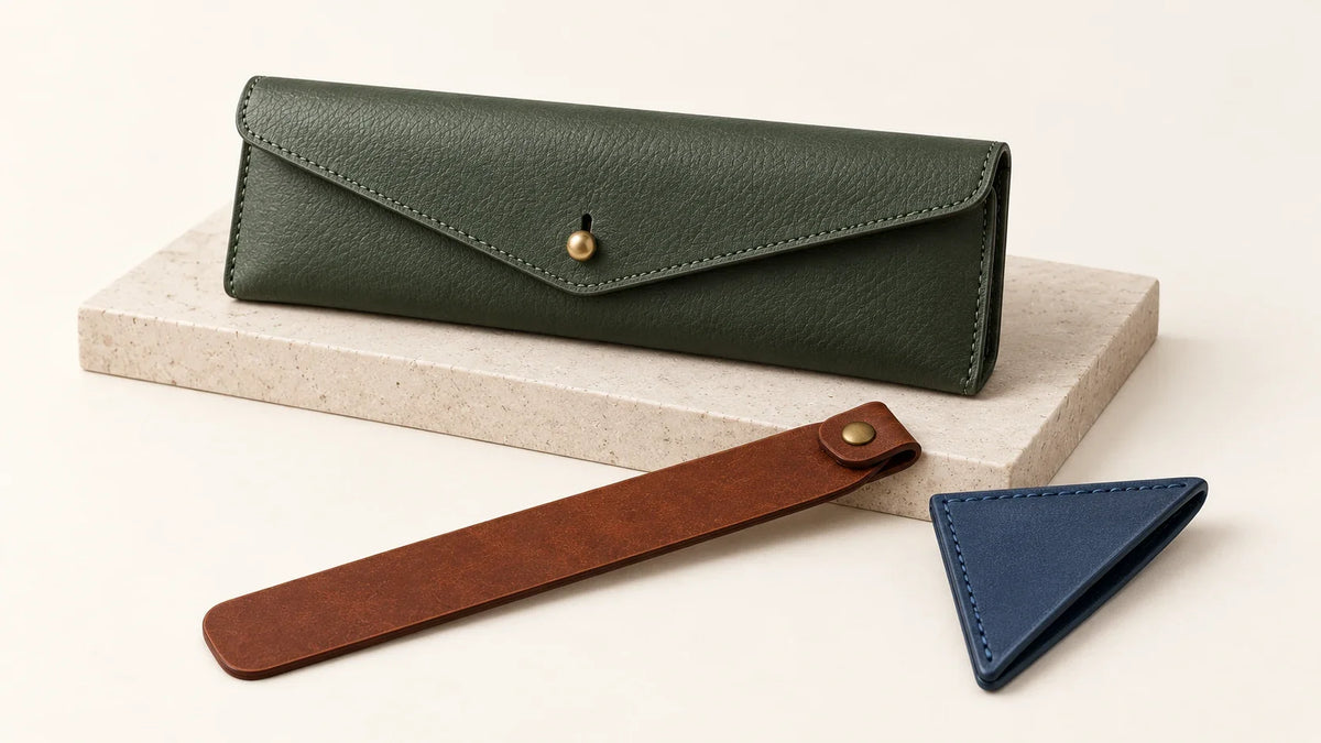 Leather pencil case, riveted bookmark and corner bookmark for private label stationery