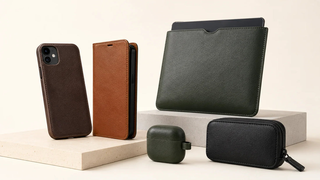 Guangzhou OEM ODM factory premium leather tech cases bulk collection. High-gloss black phone shell, mineral gray Nappa tablet sleeve, midnight blue laptop cover, and smoky brown pouch for custom wholesale brand identity promotion.