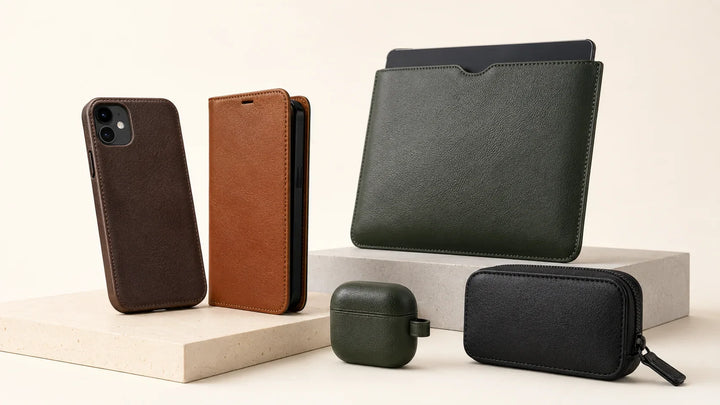 Guangzhou OEM ODM factory premium leather tech cases bulk collection. High-gloss black phone shell, mineral gray Nappa tablet sleeve, midnight blue laptop cover, and smoky brown pouch for custom wholesale brand identity promotion.