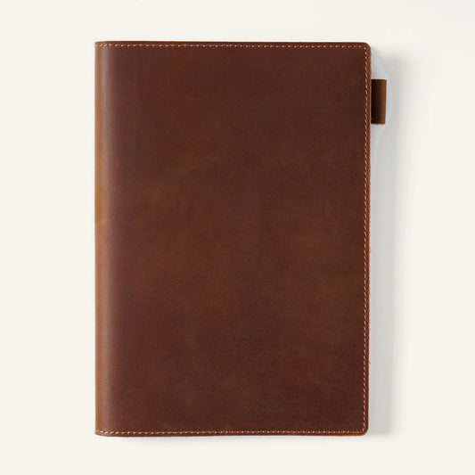 Brown A5 top-grain crazy horse leather notebook cover, closed front view