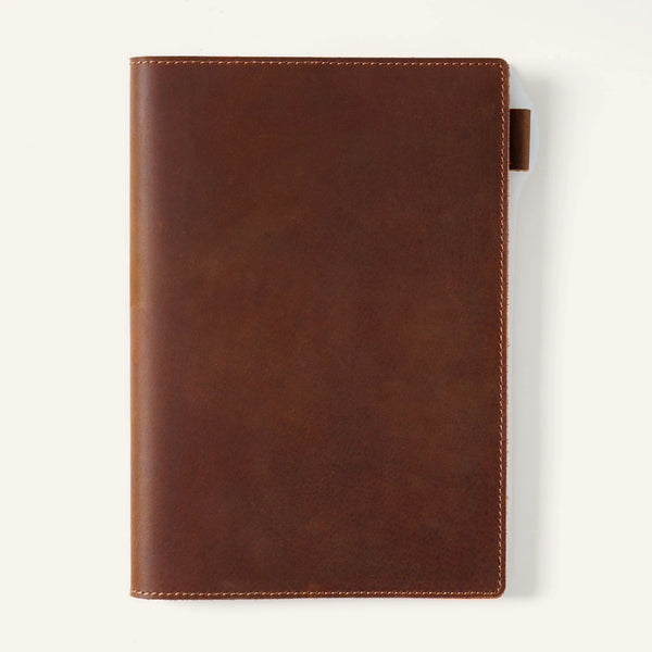 Brown A5 top-grain crazy horse leather notebook cover, closed front view