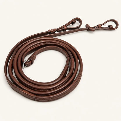 Custom full-grain leather horse reins in dark Havana brown