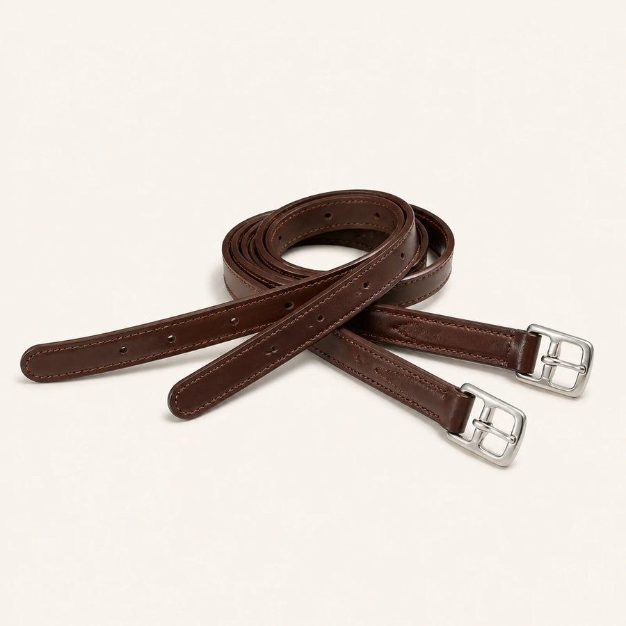 Pair of custom full-grain leather stirrup leathers with roller buckles