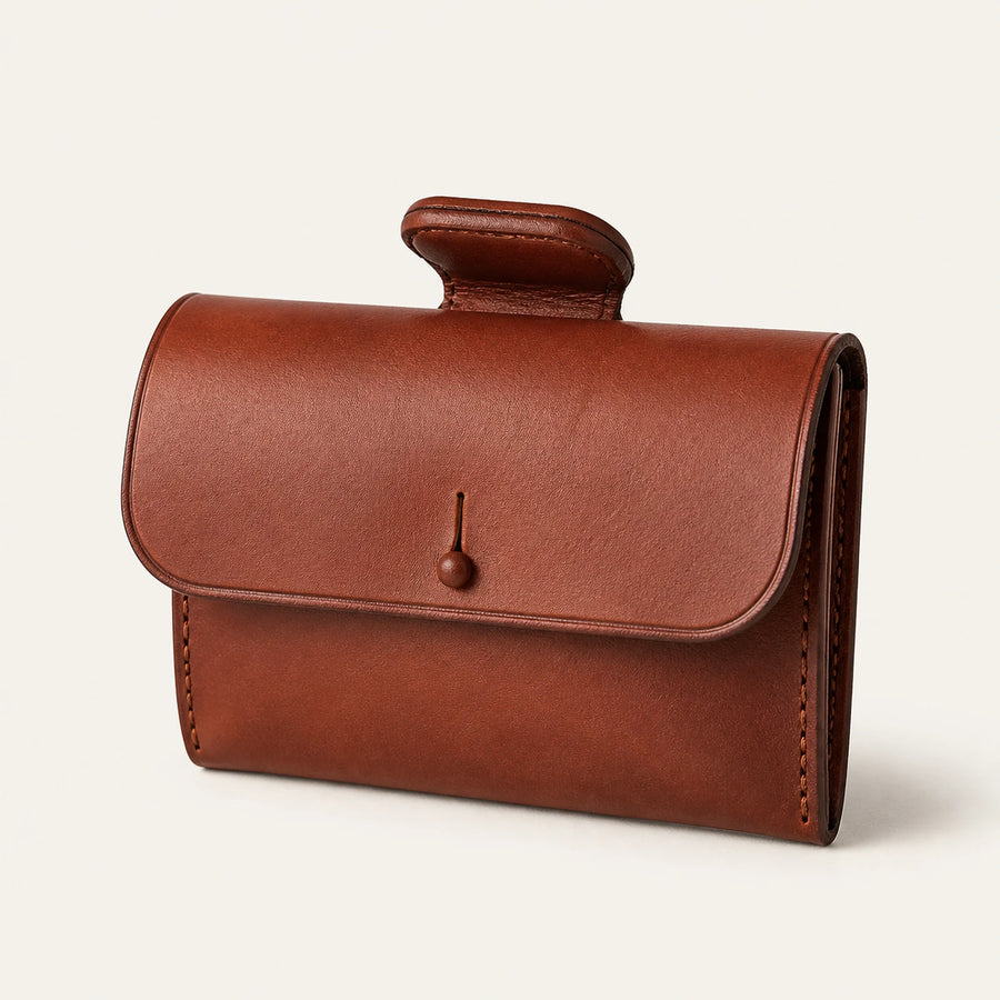 Custom chestnut leather saddle pommel bag with flap closure