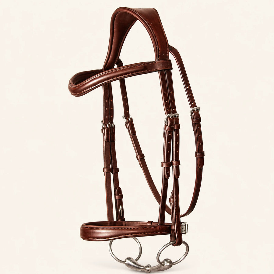 Custom padded dark chestnut leather cavesson bridle