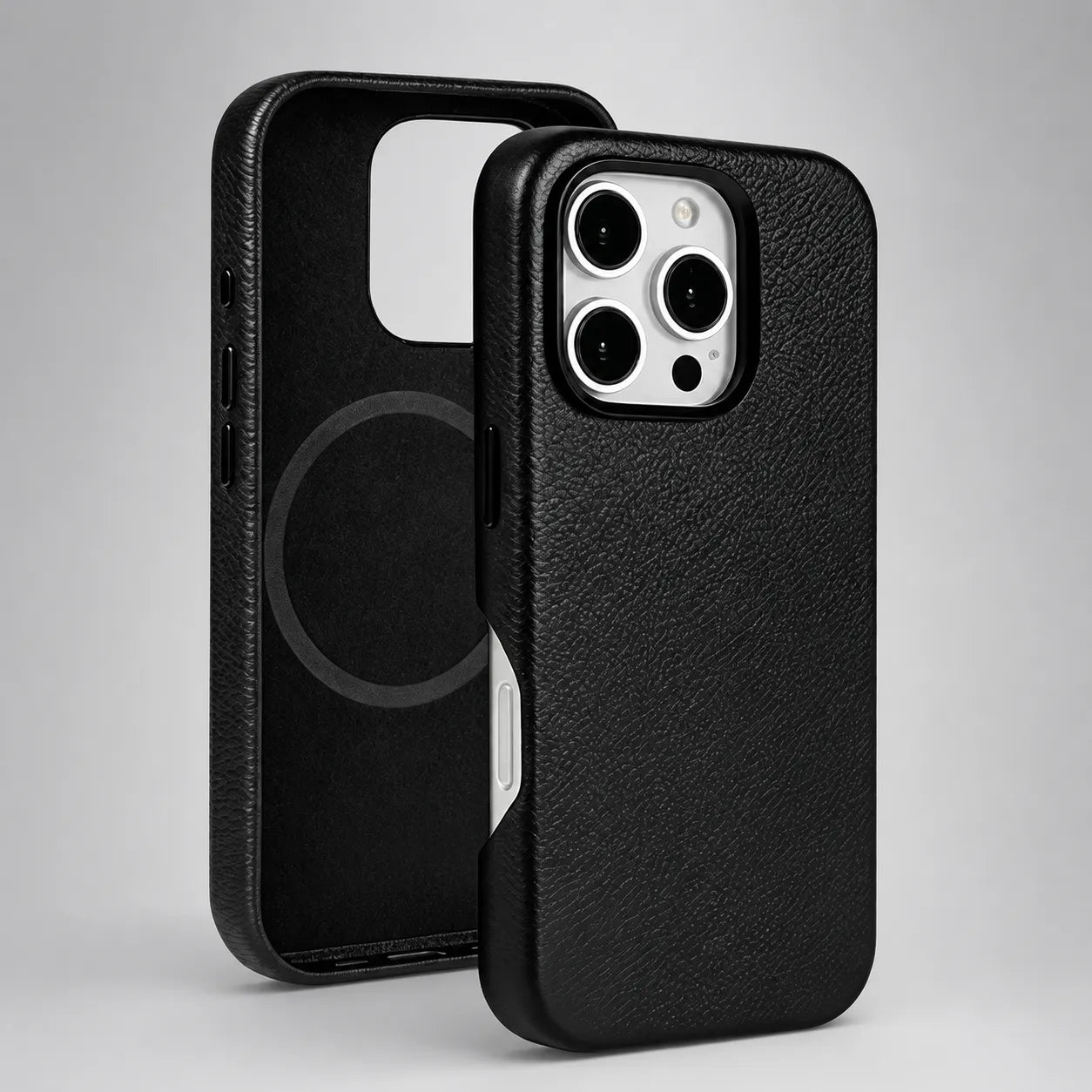 Black Genuine Leather Magnetic Phone Case for iPhone 14 Pro Max (Wholesale/OEM Manufacturer)