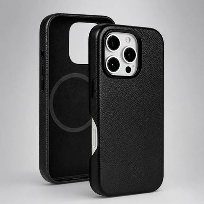 Black Genuine Leather Magnetic Phone Case for iPhone 14 Pro Max (Wholesale/OEM Manufacturer)