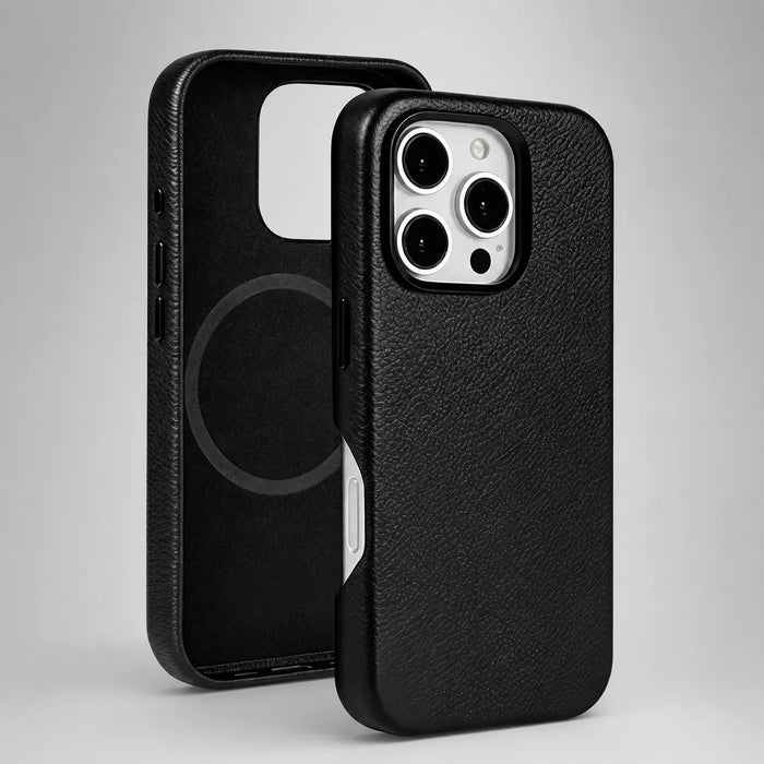 Black Genuine Leather Magnetic Phone Case for iPhone 14 Pro Max (Wholesale/OEM Manufacturer)
