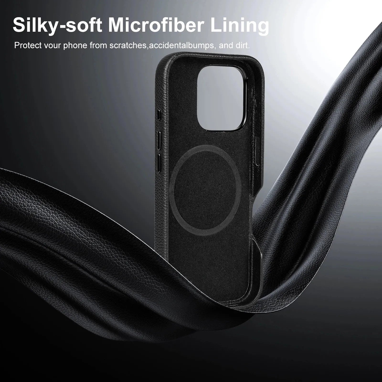 Black Genuine Leather Magnetic Phone Case for iPhone 14 Pro Max (Wholesale/OEM Manufacturer)