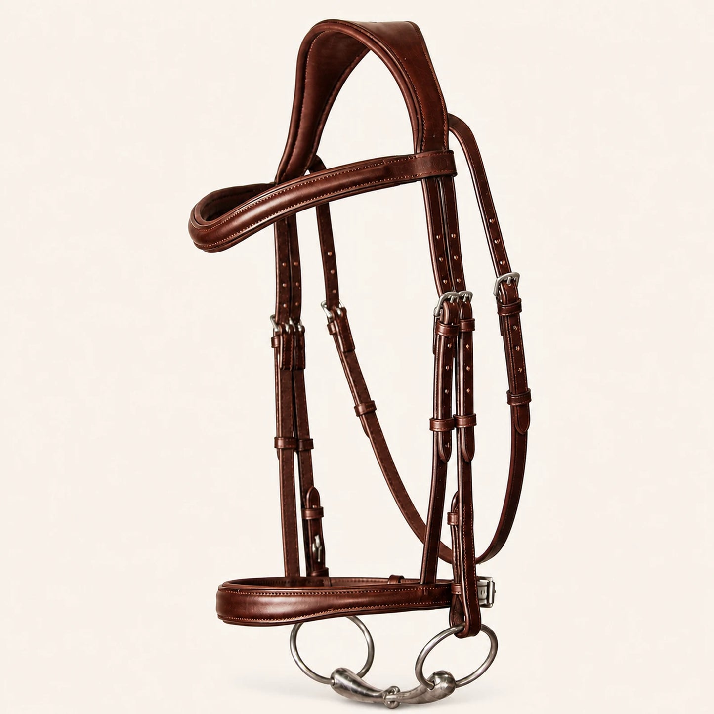 Padded leather horse bridle shown from an alternate studio angle