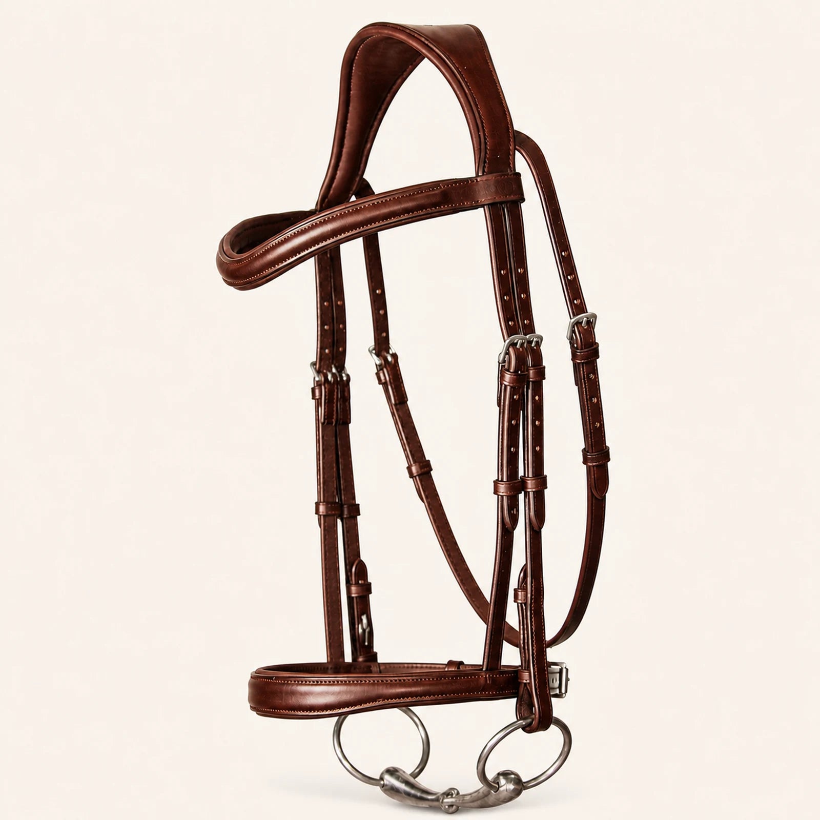 Padded leather horse bridle shown from an alternate studio angle