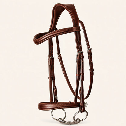 Padded leather horse bridle shown from an alternate studio angle
