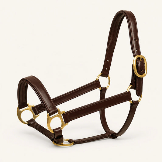 Padded leather horse halter shown from a three-quarter angle