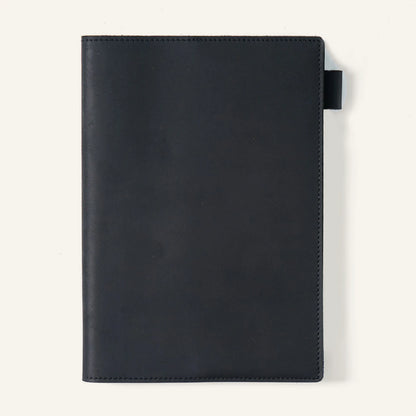 Black A5 crazy horse leather notebook cover, closed front view