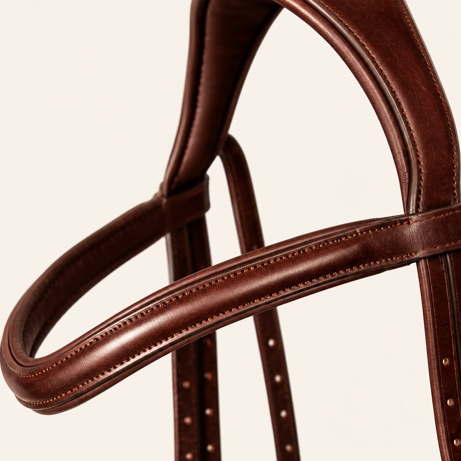 Close-up of padded leather bridle browband crownpiece and stitching